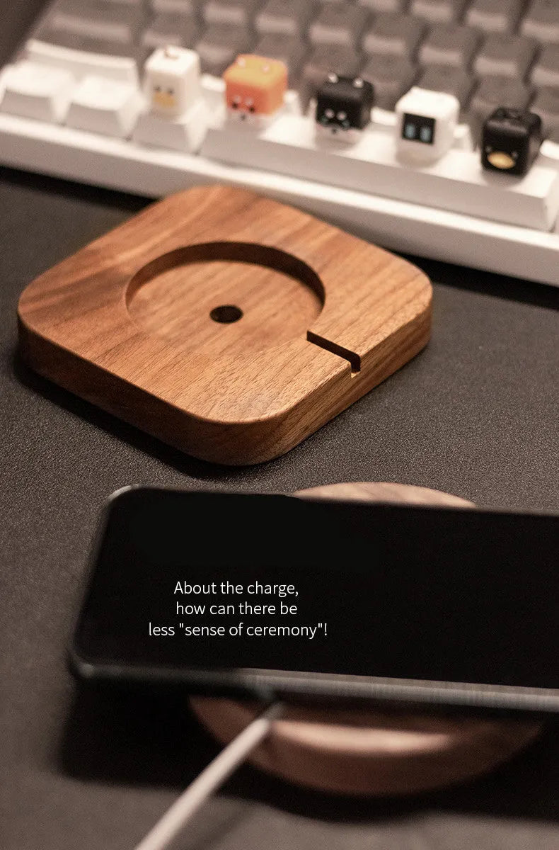 Walnut wood magnetic wireless charging bracket for iPhone MagSafe on desktop