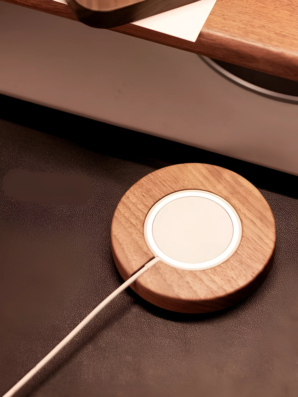 Walnut wood magnetic wireless charging bracket for iPhone MagSafe on desktop