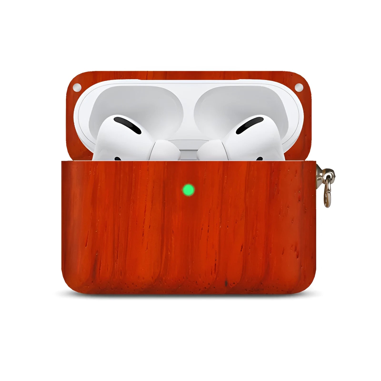 Solid wood hard shell protective case for wireless Bluetooth earphones, shown in a natural wood finish.
