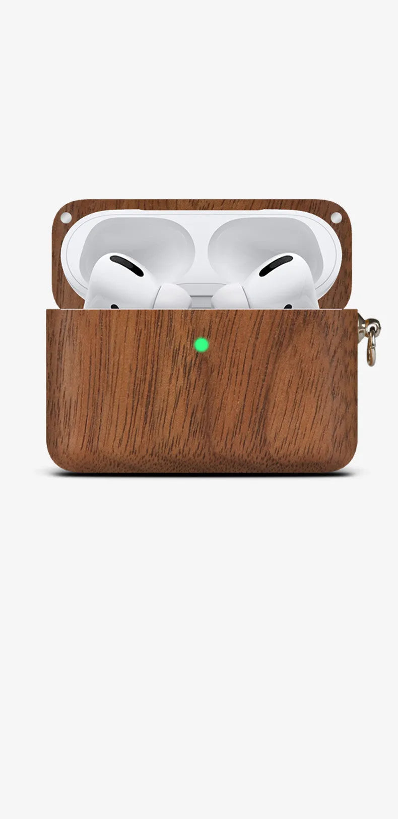 Solid wood hard shell protective case for wireless Bluetooth earphones, shown in a natural wood finish.