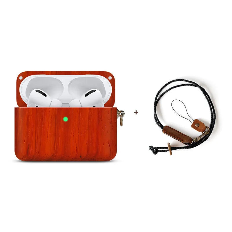 Solid wood hard shell protective case for wireless Bluetooth earphones, shown in a natural wood finish.