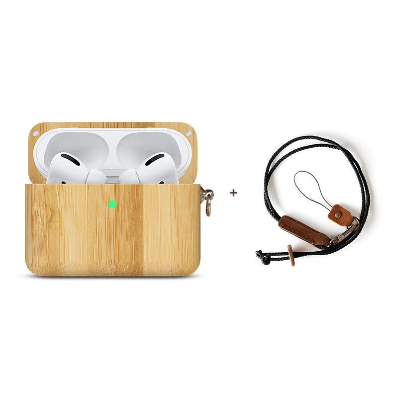 Solid wood hard shell protective case for wireless Bluetooth earphones, shown in a natural wood finish.