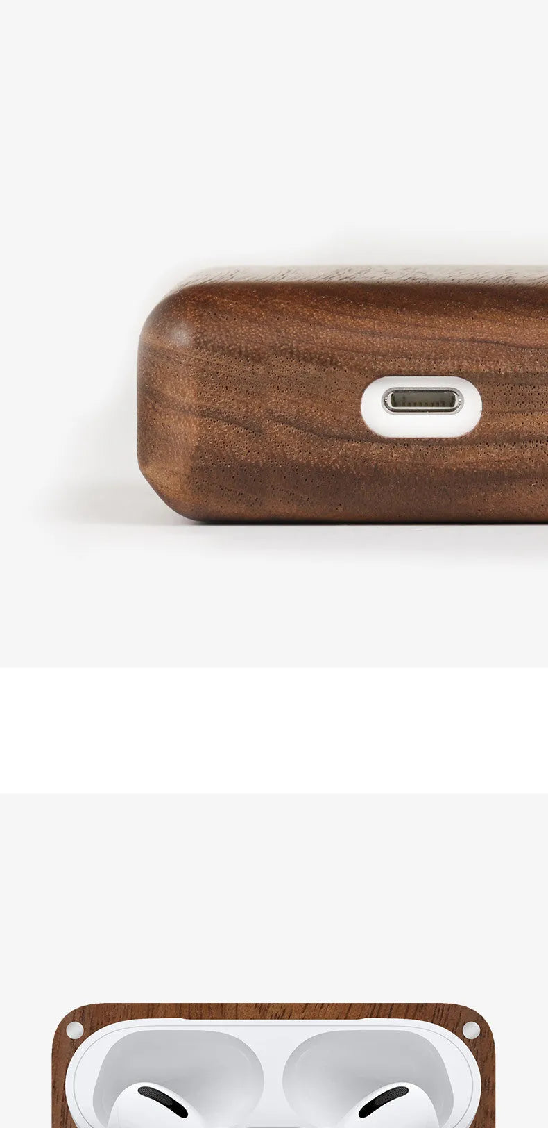 Solid wood hard shell protective case for wireless Bluetooth earphones, shown in a natural wood finish.