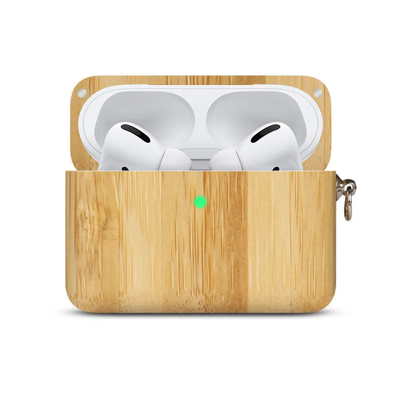 Solid wood hard shell protective case for wireless Bluetooth earphones, shown in a natural wood finish.