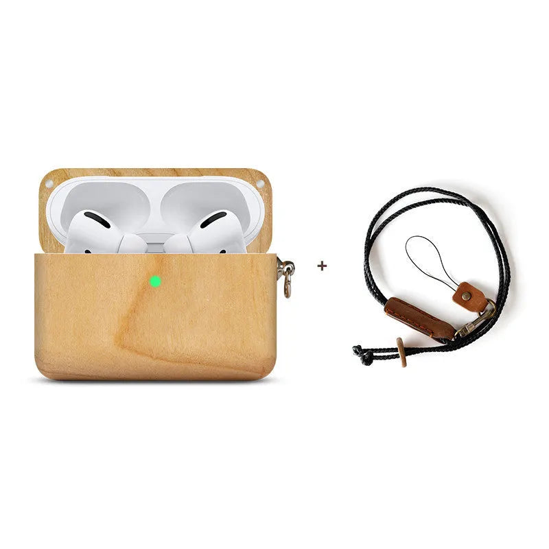 Solid wood hard shell protective case for wireless Bluetooth earphones, shown in a natural wood finish.