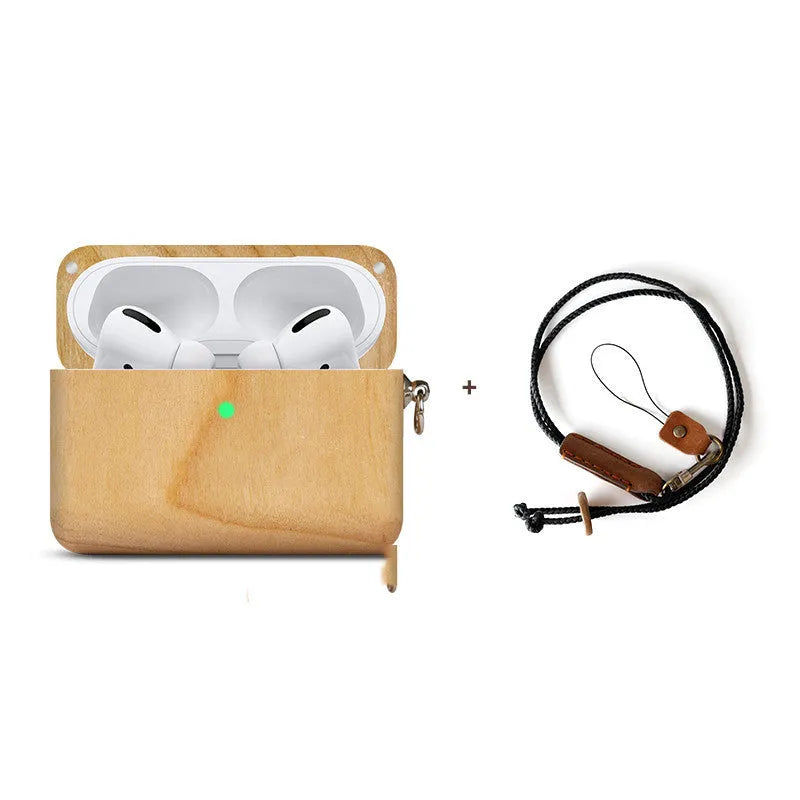 Solid wood hard shell protective case for wireless Bluetooth earphones, shown in a natural wood finish.