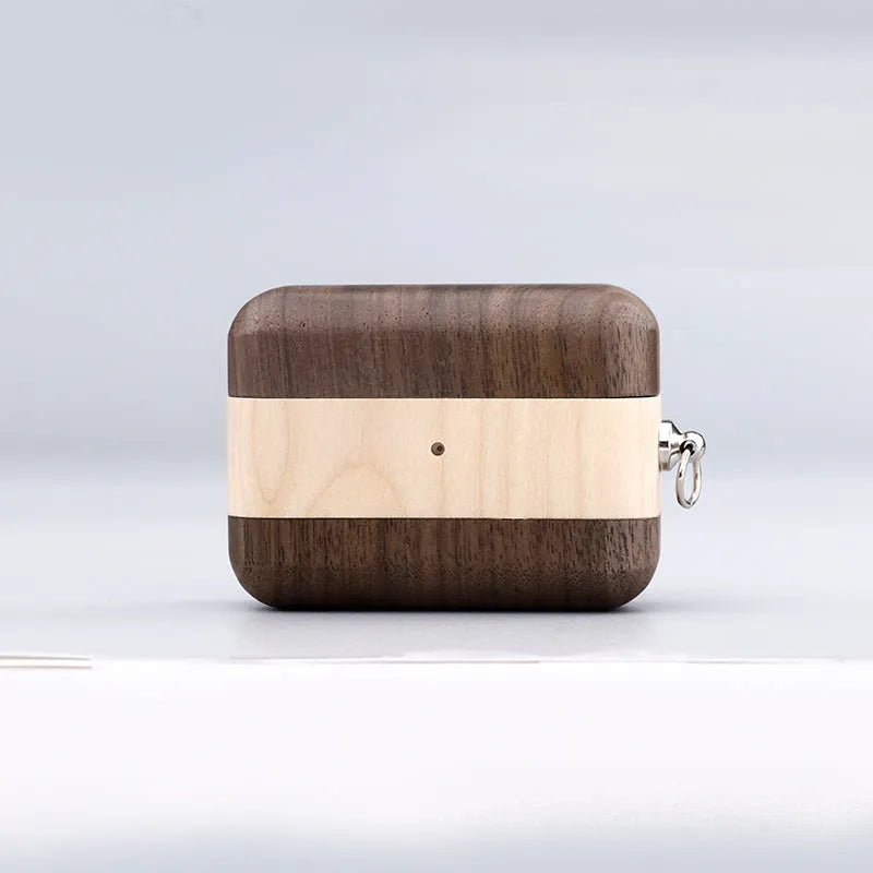 Solid wood hard shell protective case for wireless Bluetooth earphones, shown in a natural wood finish.