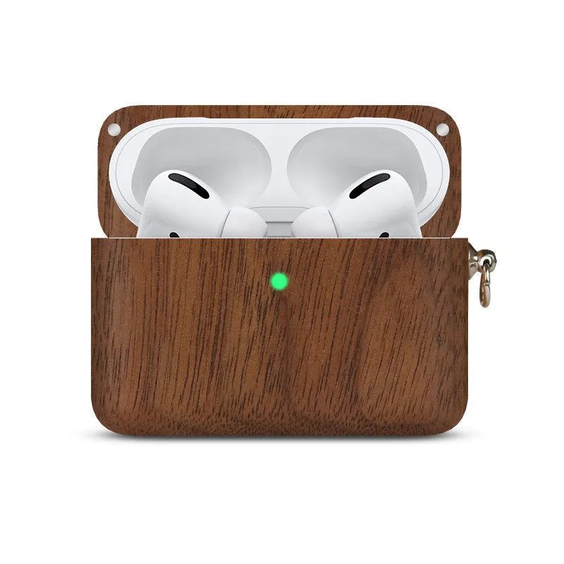 Solid wood hard shell protective case for wireless Bluetooth earphones, shown in a natural wood finish.