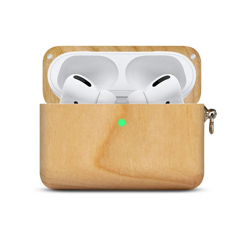 Solid wood hard shell protective case for wireless Bluetooth earphones, shown in a natural wood finish.