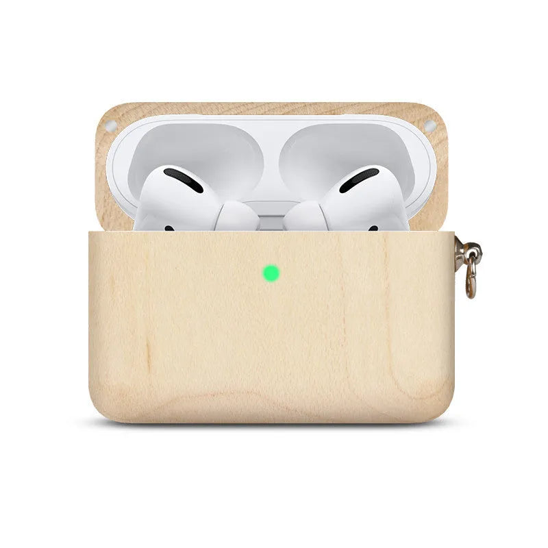 Solid wood hard shell protective case for wireless Bluetooth earphones, shown in a natural wood finish.