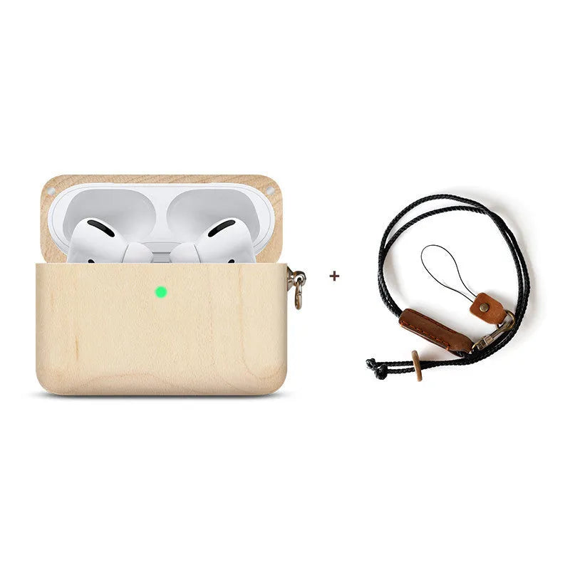 Solid wood hard shell protective case for wireless Bluetooth earphones, shown in a natural wood finish.