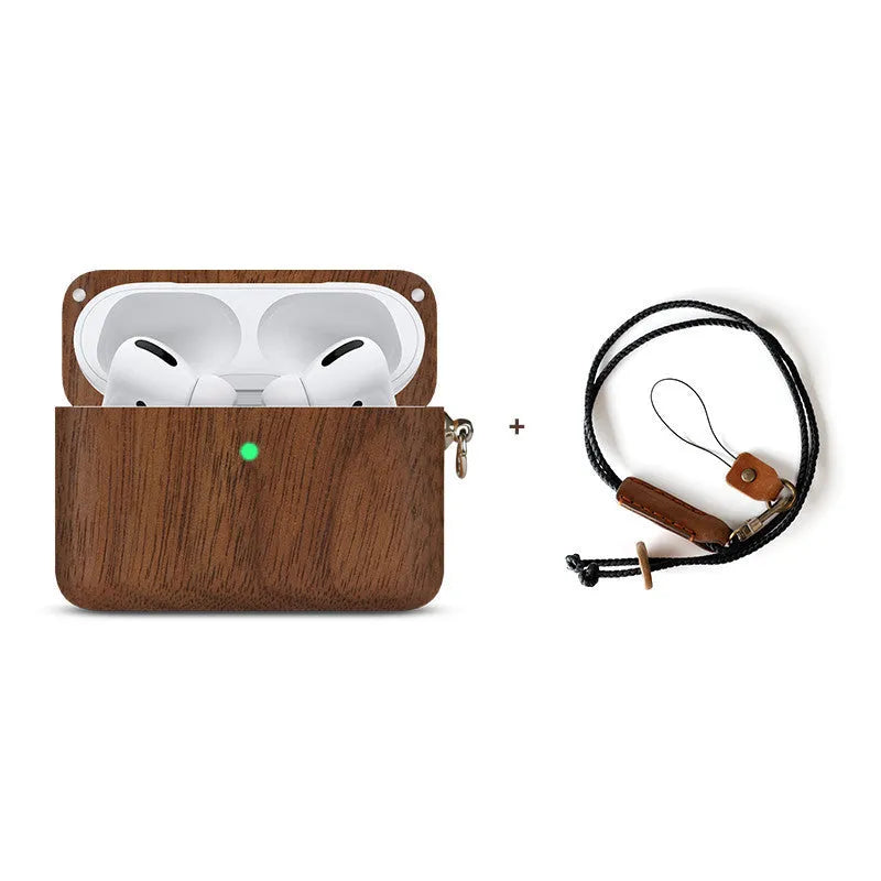 Solid wood hard shell protective case for wireless Bluetooth earphones, shown in a natural wood finish.