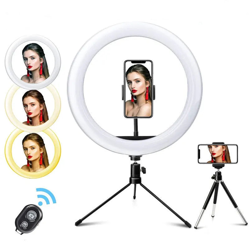 White metal desktop bracket fill light with 10 inch 26cm arc, Bluetooth remote control, and desktop tripod for mobile phone use
