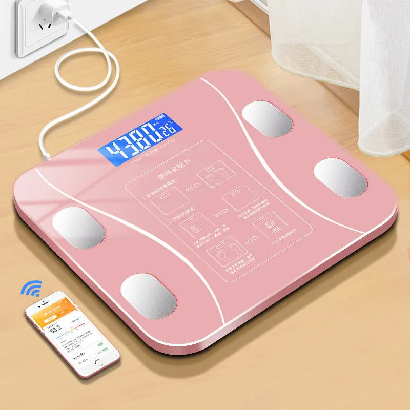 USB rechargeable body fat scale in black with digital display for weight and body composition tracking