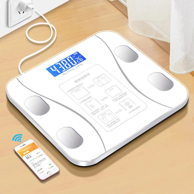 USB rechargeable body fat scale in black with digital display for weight and body composition tracking