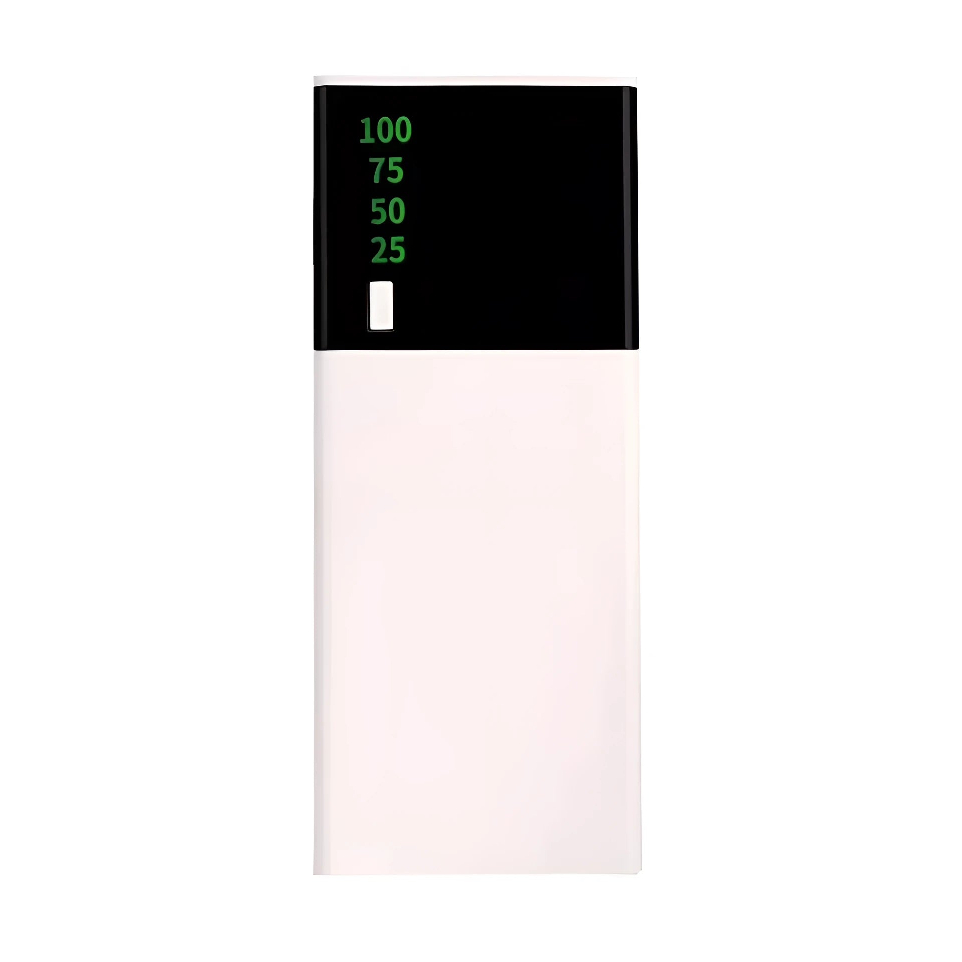 Black 20000mAh portable power bank with charging cable, dimensions 135mm by 60mm.