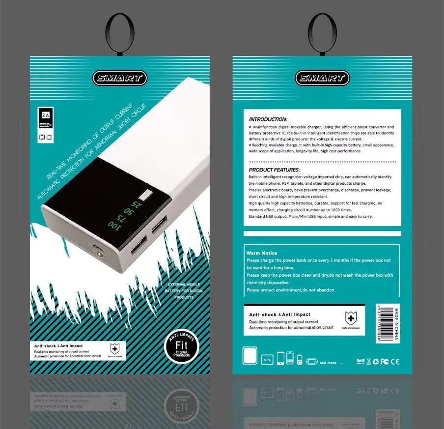 Black 20000mAh portable power bank with charging cable, dimensions 135mm by 60mm.