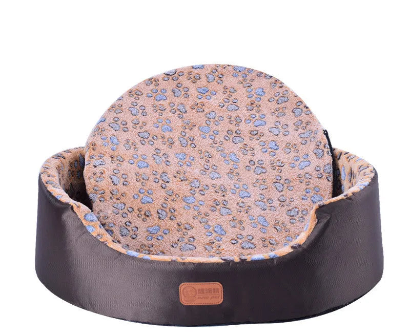 Four Seasons washable oval fossa pet bed in coffee footprints fabric with sponge inner core for small dogs and cats