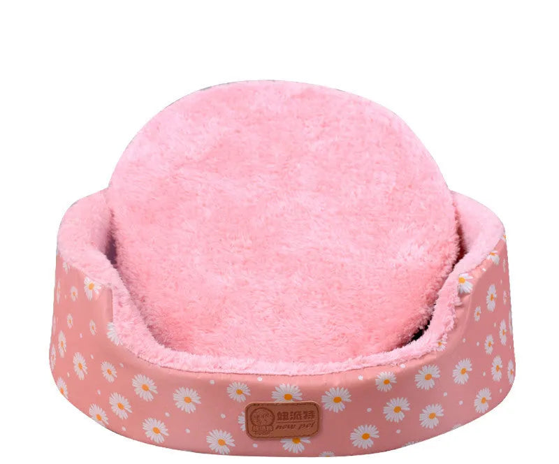 Four Seasons washable oval fossa pet bed in coffee footprints fabric with sponge inner core for small dogs and cats