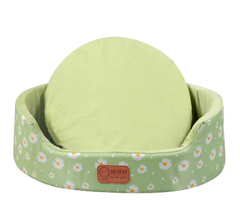 Four Seasons washable oval fossa pet bed in coffee footprints fabric with sponge inner core for small dogs and cats