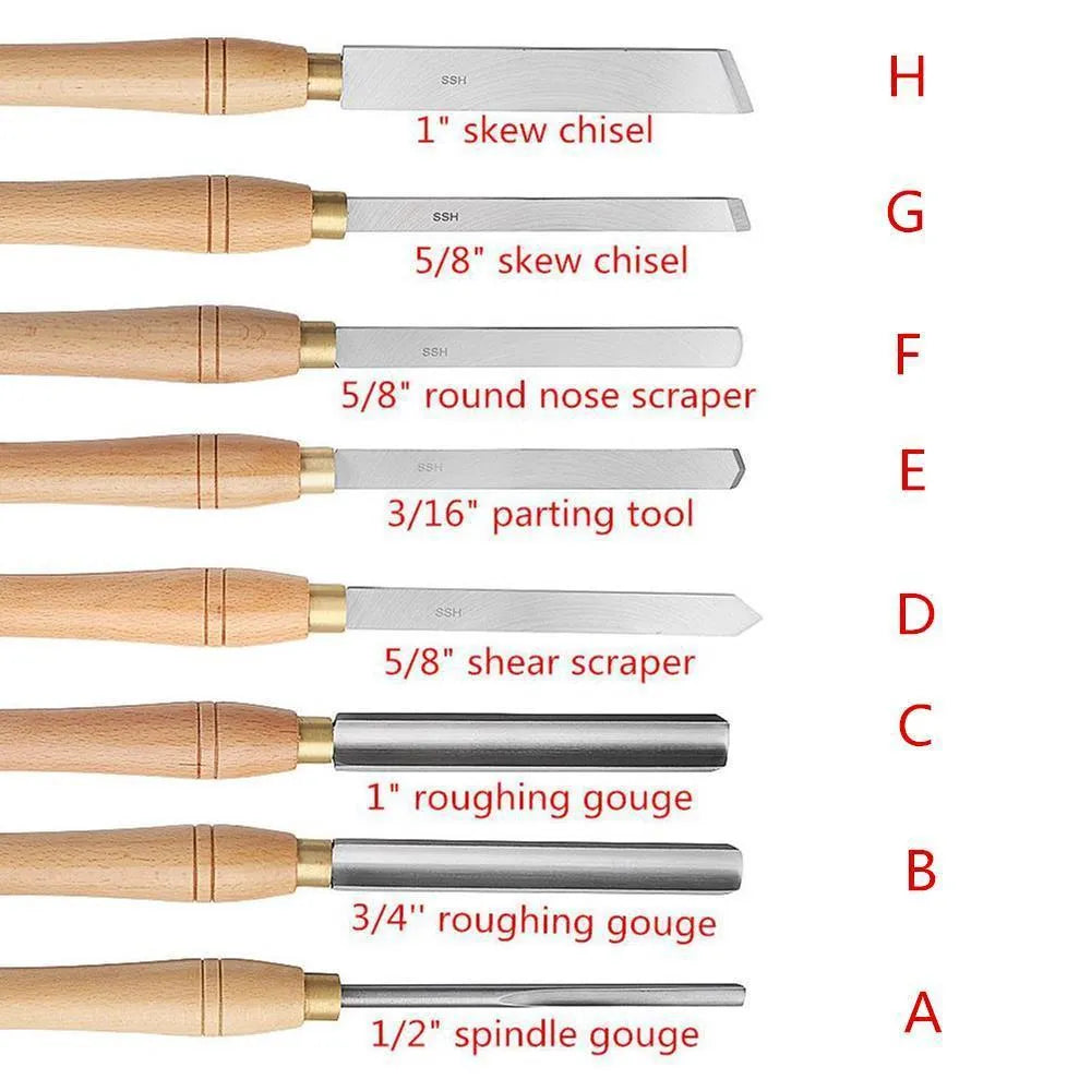 Eight chrome vanadium steel woodturning tools arranged in a wooden presentation case.