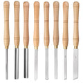 Eight chrome vanadium steel woodturning tools arranged in a wooden presentation case.