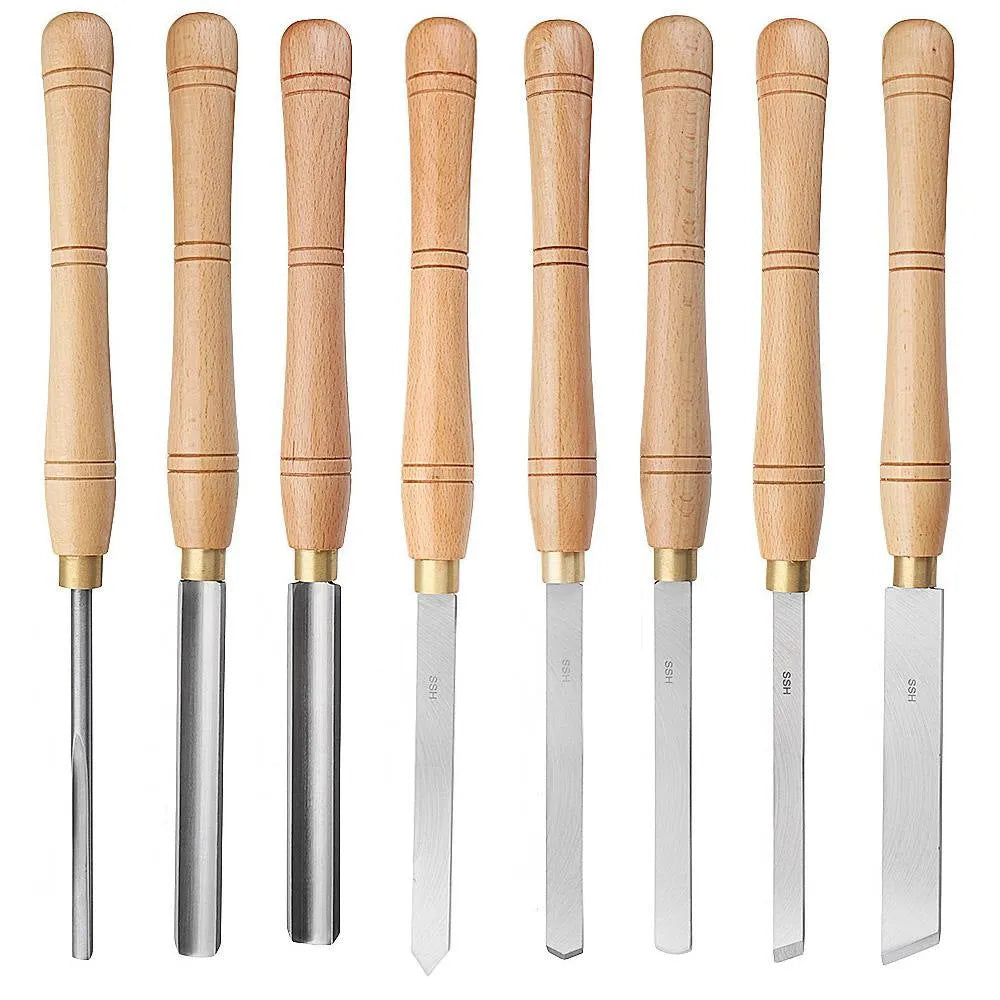 Eight chrome vanadium steel woodturning tools arranged in a wooden presentation case.