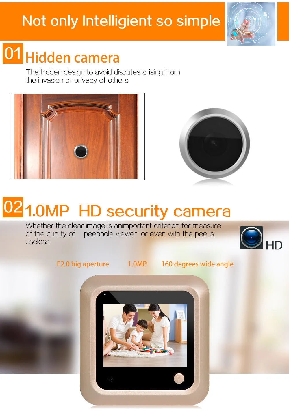 Khaki hidden smart electronic peephole wired anti-theft door mirror video doorbell 80x80x20mm