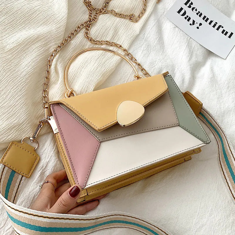 Women's small contrast colour PU leather horizontal square crossbody bag with single strap and soft handle