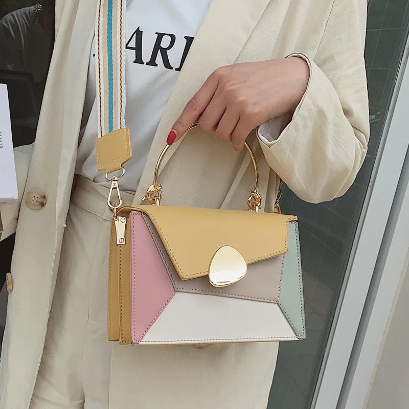 Women's small contrast colour PU leather horizontal square crossbody bag with single strap and soft handle