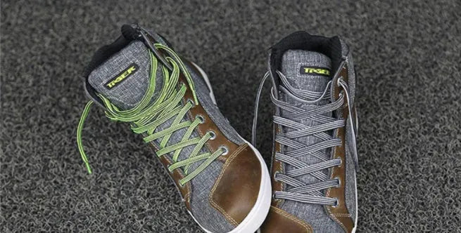 Black and grey motorcycle riding shoes with casual short boot styling for summer use