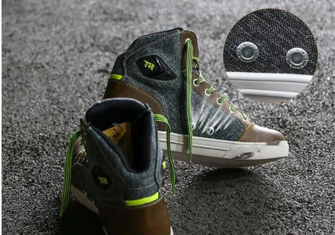 Black and grey motorcycle riding shoes with casual short boot styling for summer use