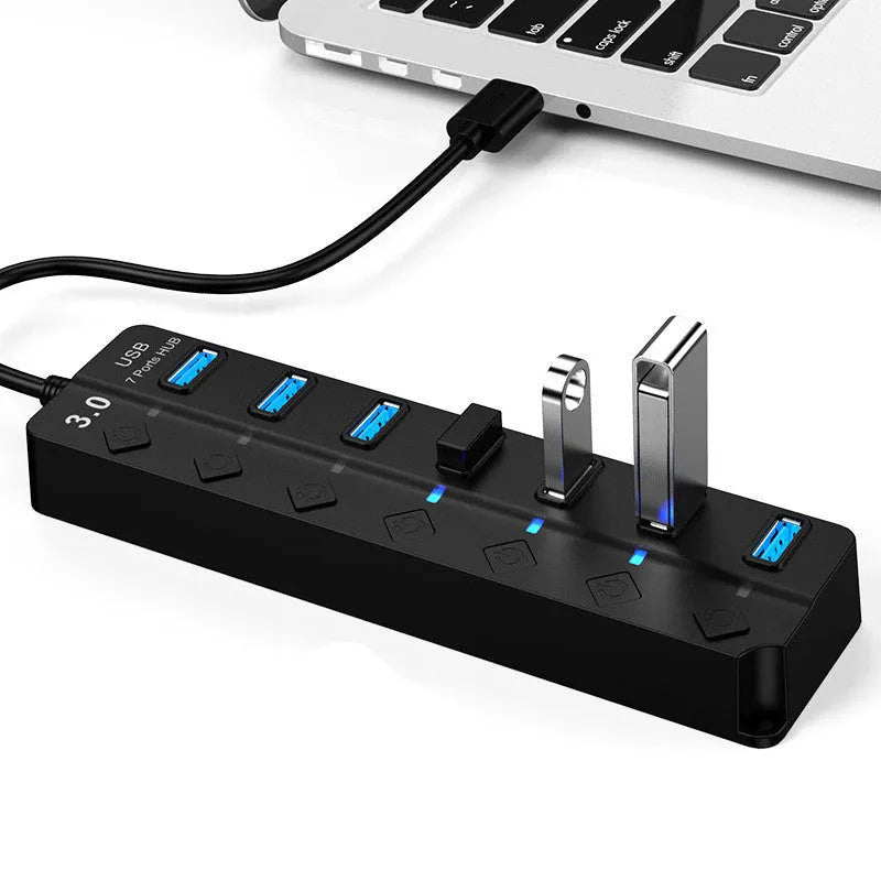Black 7-port USB 3.0 hub with external power supply for computer peripheral expansion