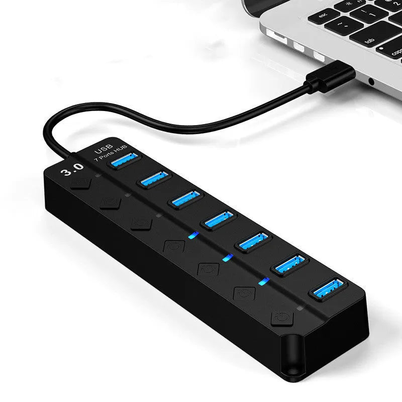 Black 7-port USB 3.0 hub with external power supply for computer peripheral expansion