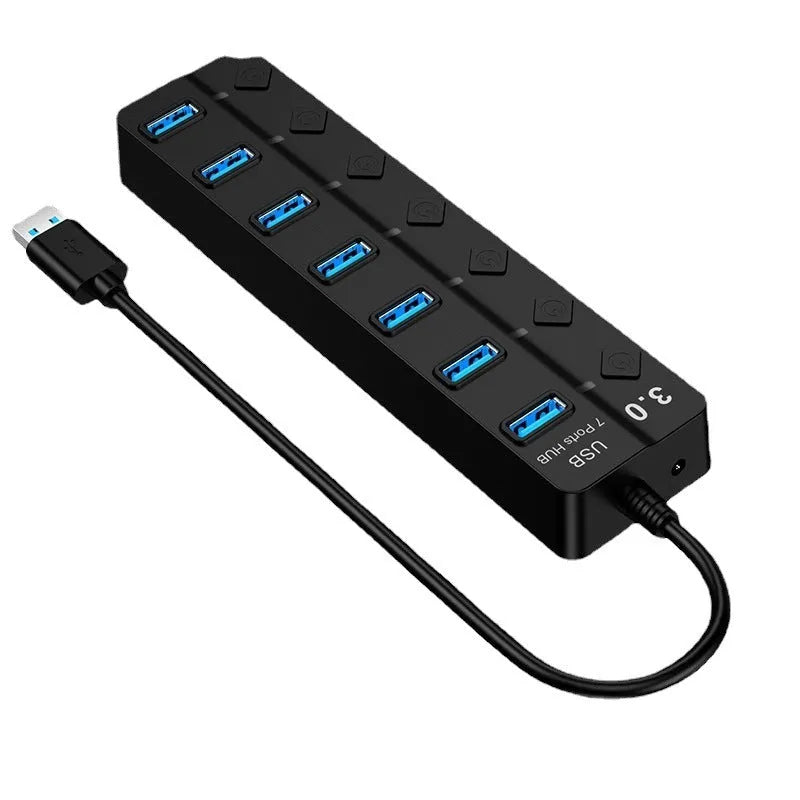 Black 7-port USB 3.0 hub with external power supply for computer peripheral expansion