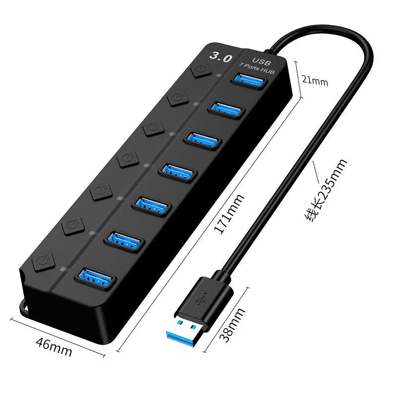 Black 7-port USB 3.0 hub with external power supply for computer peripheral expansion