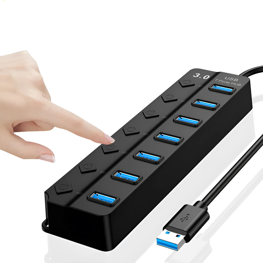 Black 7-port USB 3.0 hub with external power supply for computer peripheral expansion