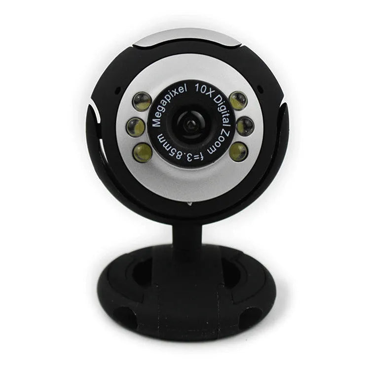 USB webcam on a laptop showing a ring of six white LED lights around the lens.