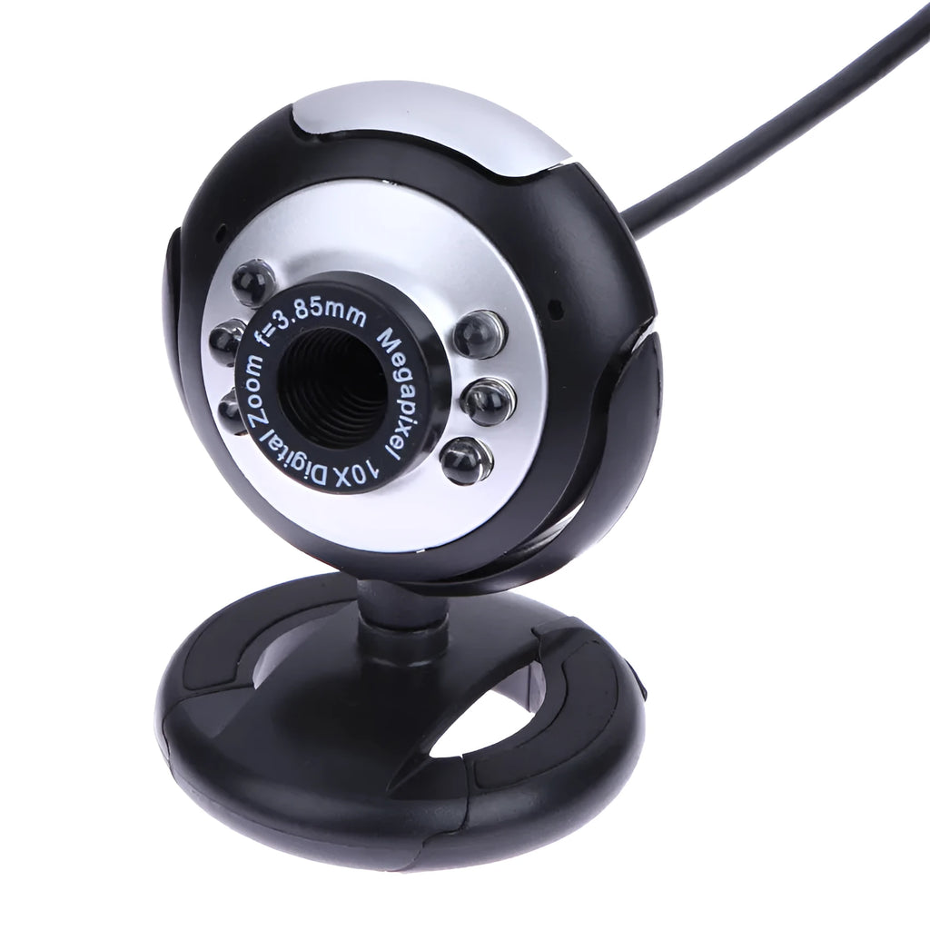USB webcam on a laptop showing a ring of six white LED lights around the lens.