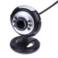 USB webcam on a laptop showing a ring of six white LED lights around the lens.