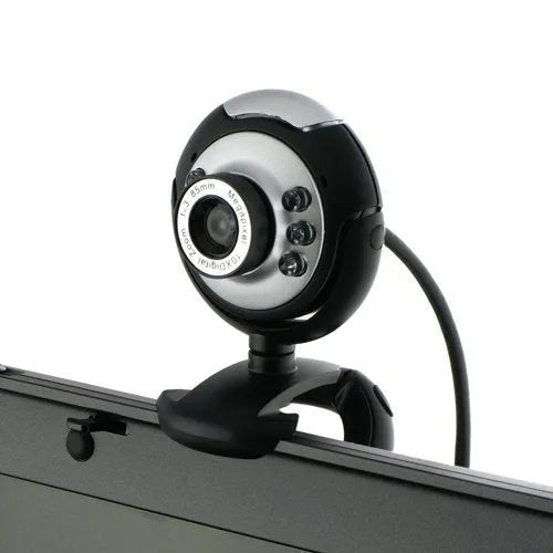 USB webcam on a laptop showing a ring of six white LED lights around the lens.