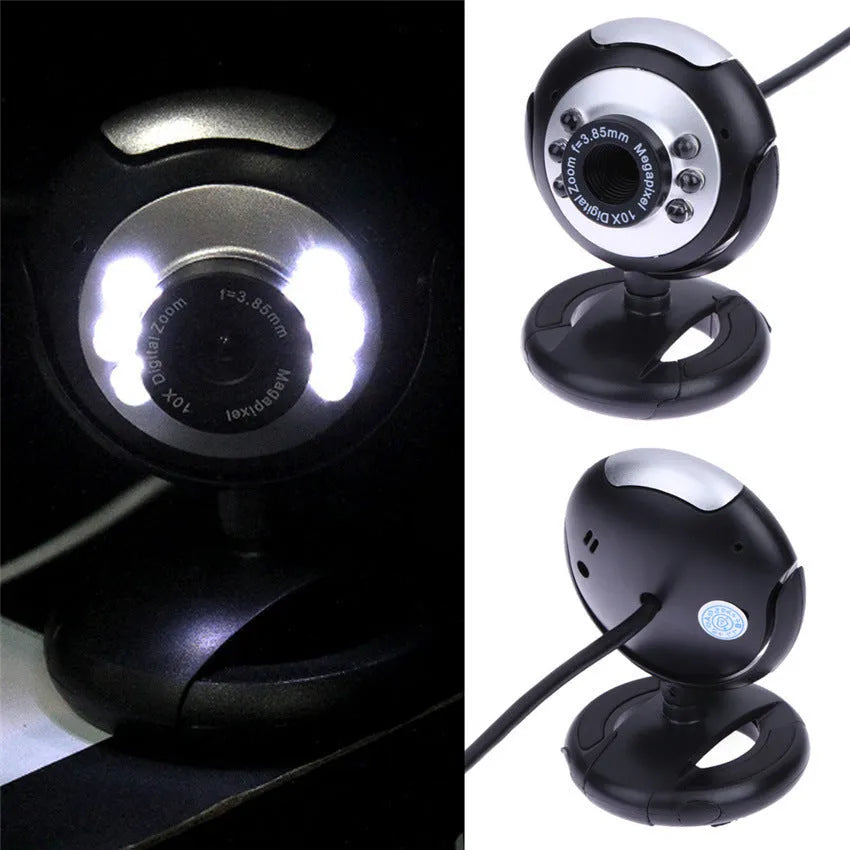USB webcam on a laptop showing a ring of six white LED lights around the lens.
