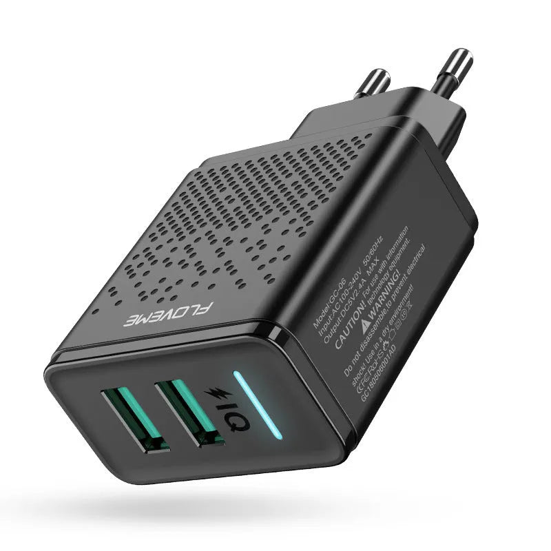 Dual port USB charging head with EU standard plug in black or white colour