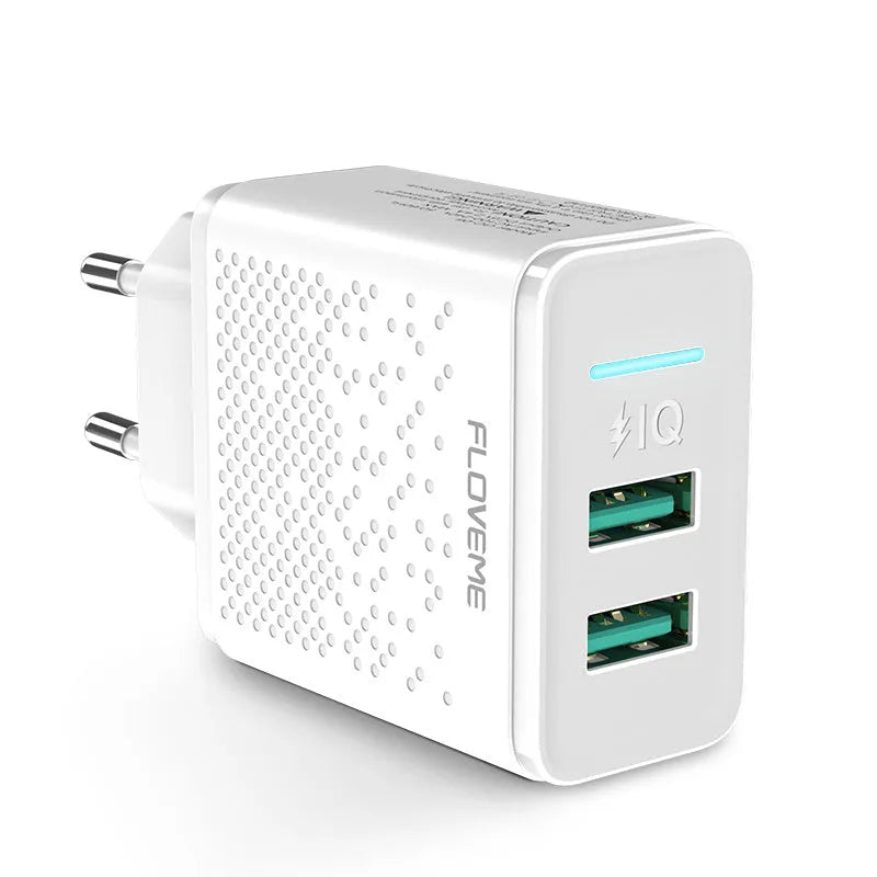 Dual port USB charging head with EU standard plug in black or white colour