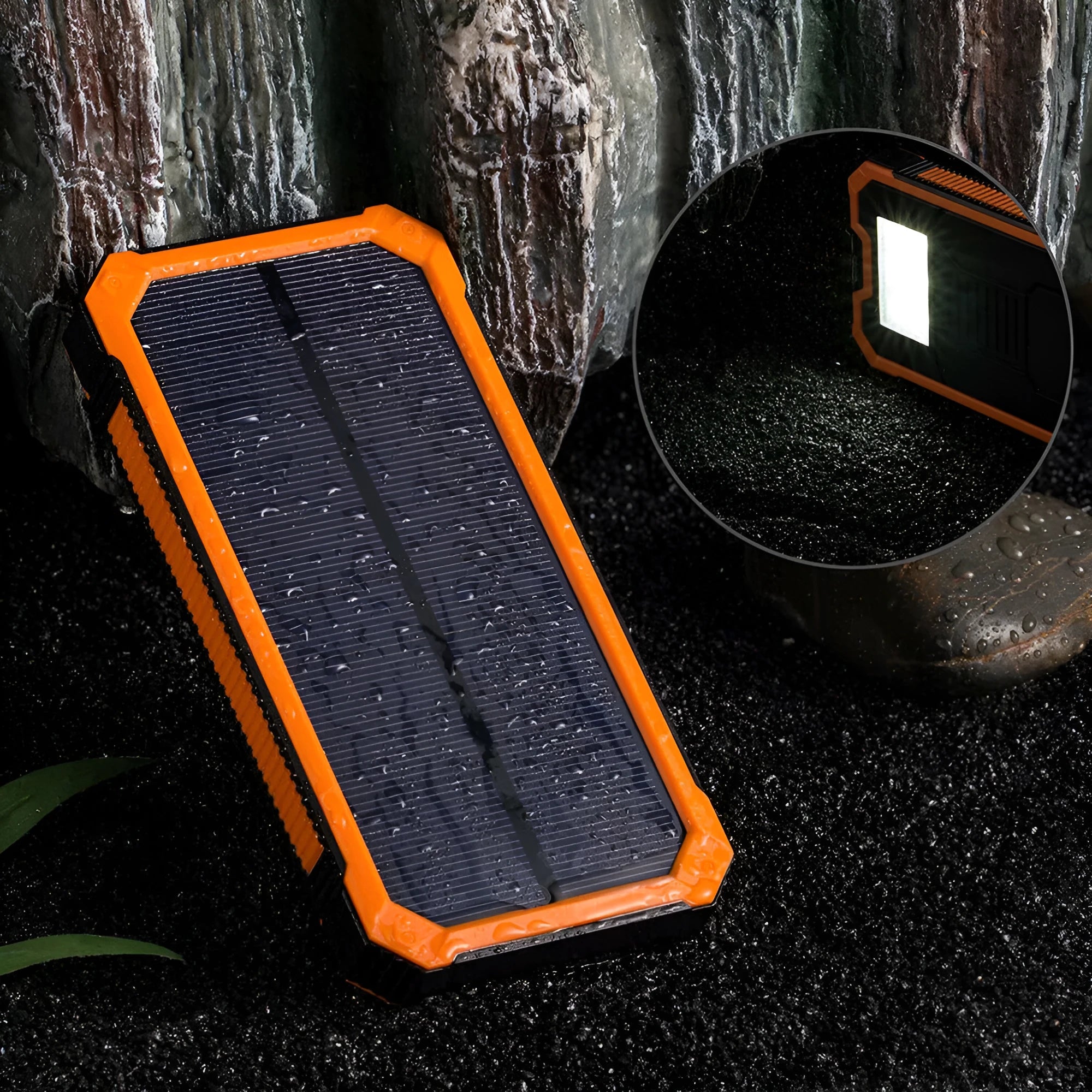Factory Three Proofs Solar Power Bank 20000 mAh in black colour, compact portable charger with multi-USB ports
