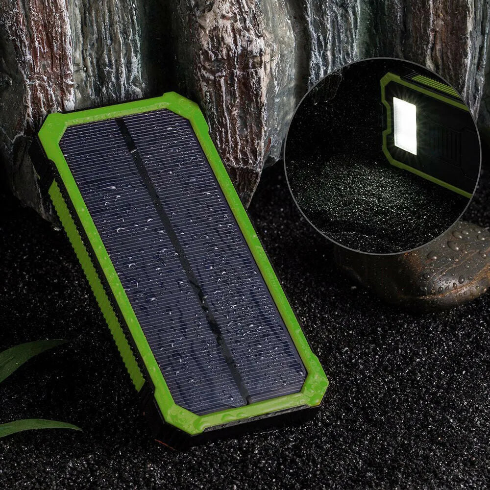 Factory Three Proofs Solar Power Bank 20000 mAh in black colour, compact portable charger with multi-USB ports