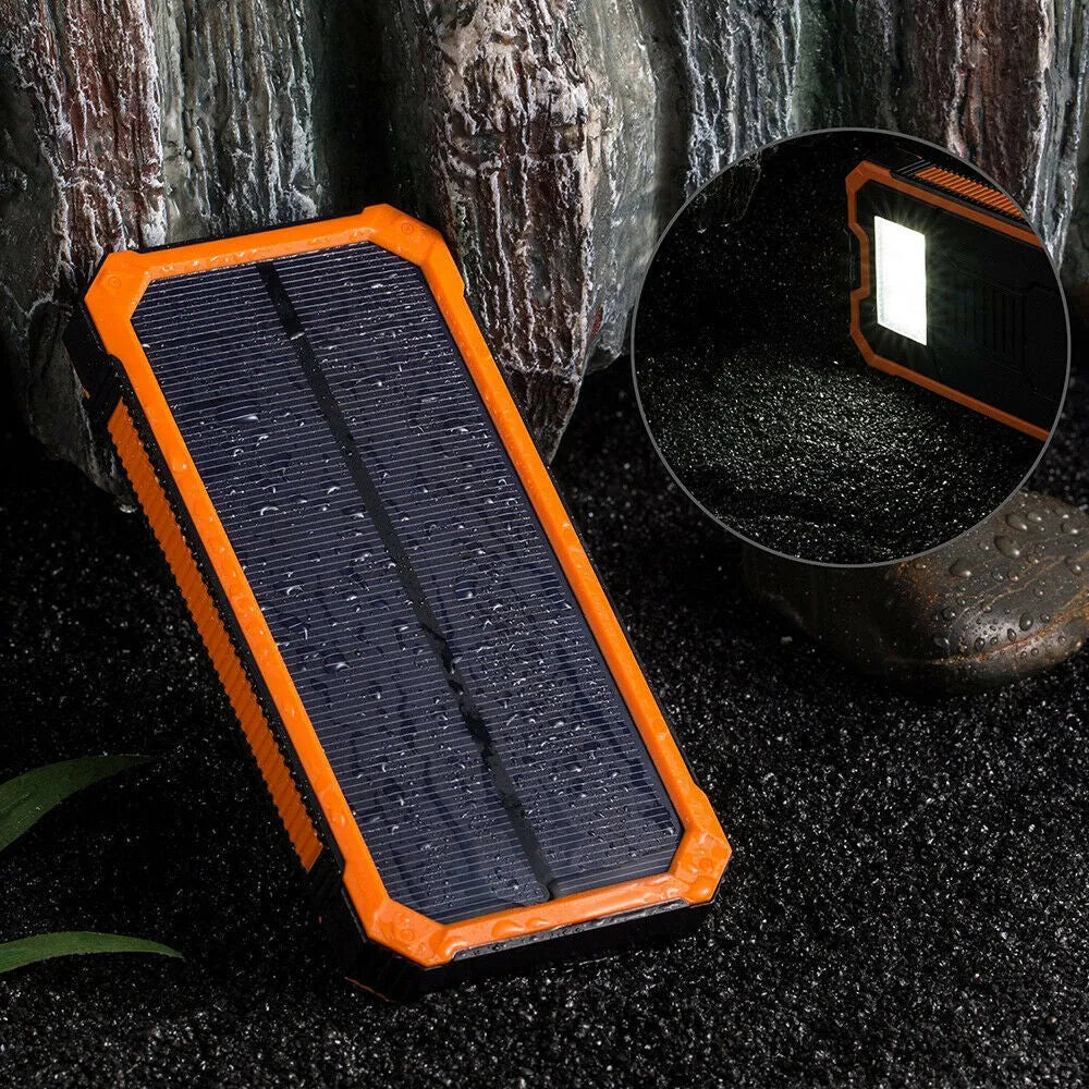 Factory Three Proofs Solar Power Bank 20000 mAh in black colour, compact portable charger with multi-USB ports