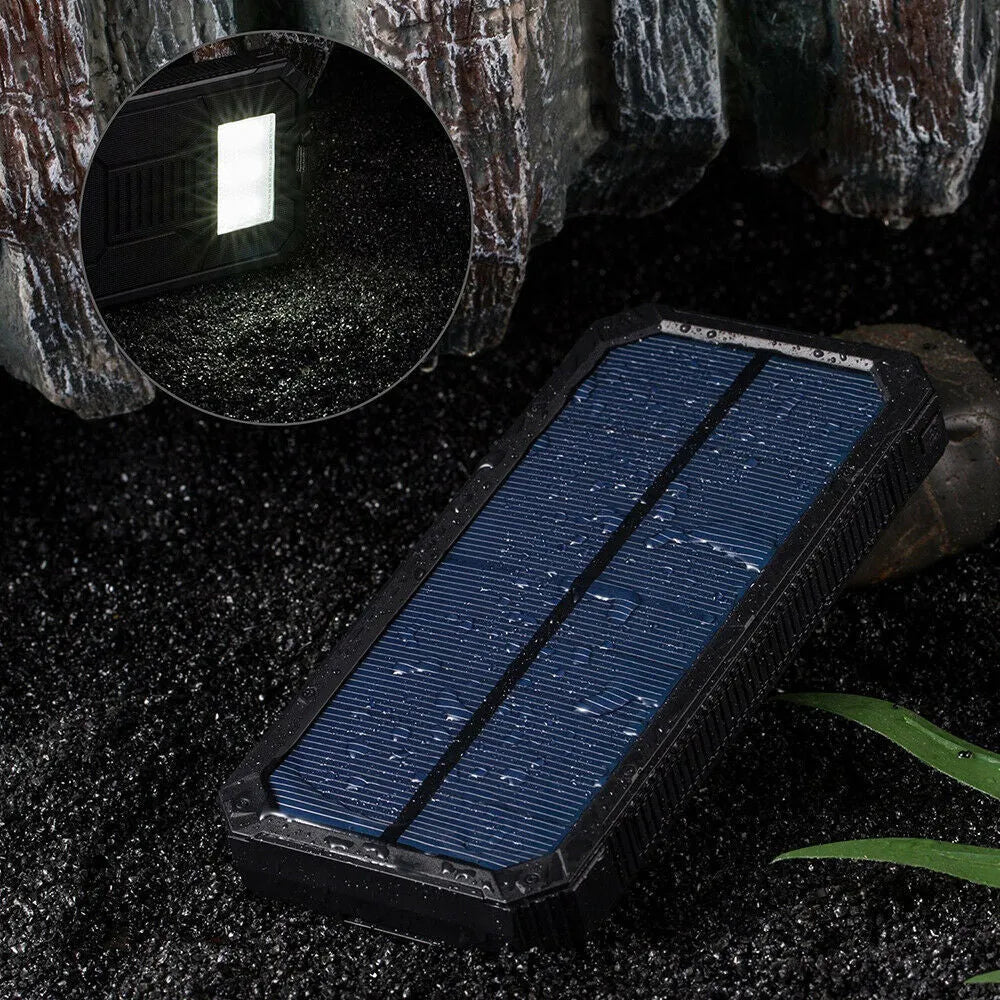 Factory Three Proofs Solar Power Bank 20000 mAh in black colour, compact portable charger with multi-USB ports