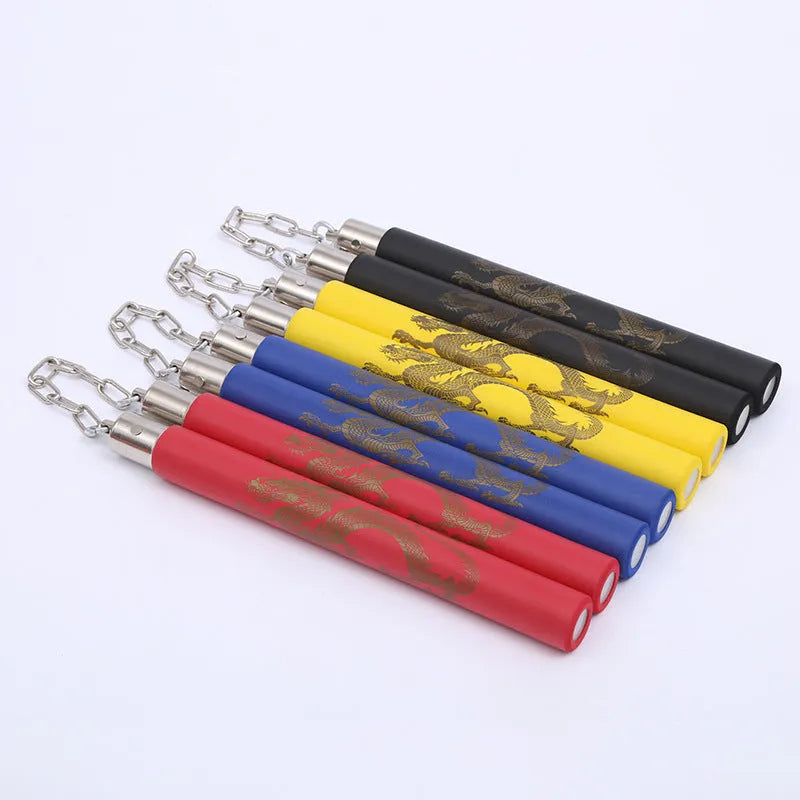 Sponge nunchaku training sticks with foam covering in red, blue, yellow, or black colours