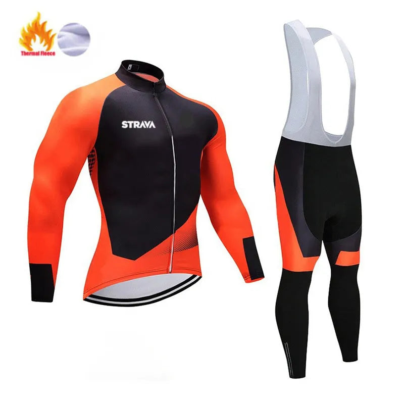 XINTOWN STRAVA Pro Team winter cycling clothing set in black, long sleeve polyester top and trousers for men